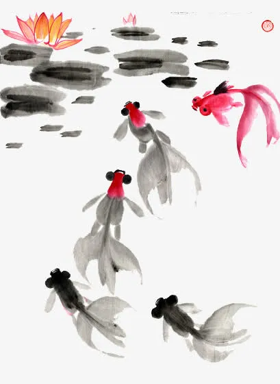 水墨淡彩金鱼荷塘免抠