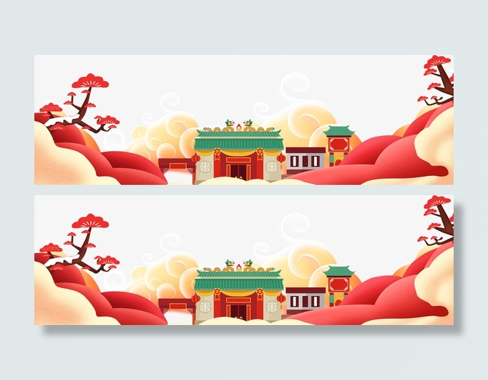 春节新年大门梅花云彩祥云免抠