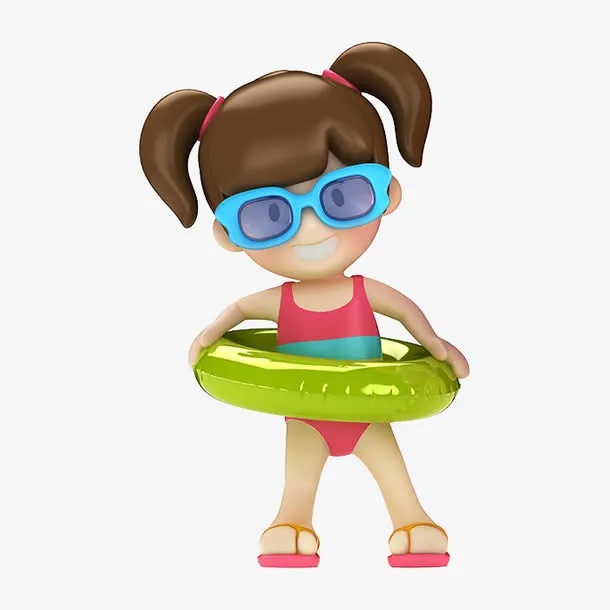 戴着绿色游泳圈的女孩免抠