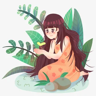 春分女孩树叶水免抠