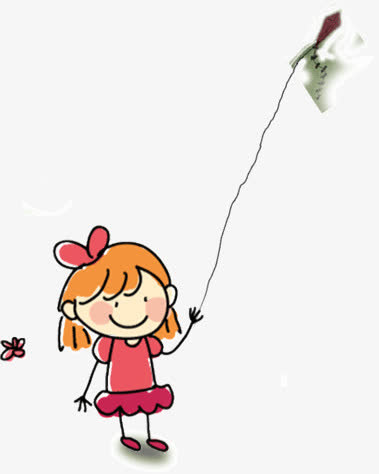 可爱手绘放风筝小女孩免抠