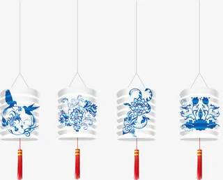 矢量手绘青花灯笼免抠