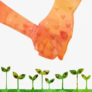 手绘牵手绿植免抠