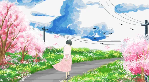 春天樱花手绘女孩草地花朵免抠手绘/卡通手绘元素