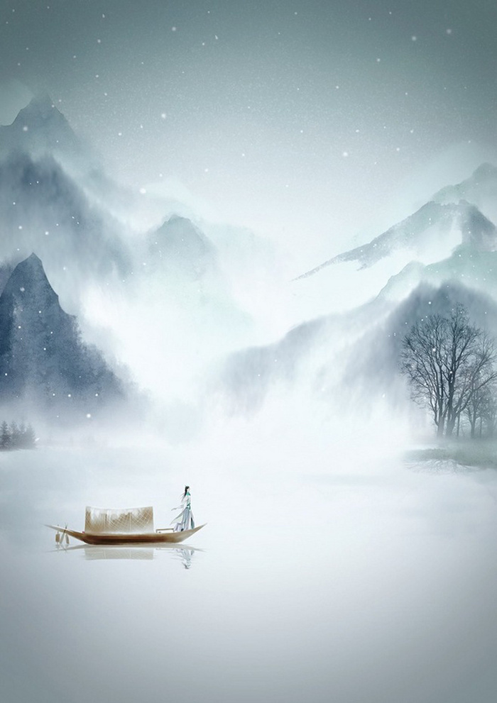 船上赏雪古人水墨画海报背景素材高清
