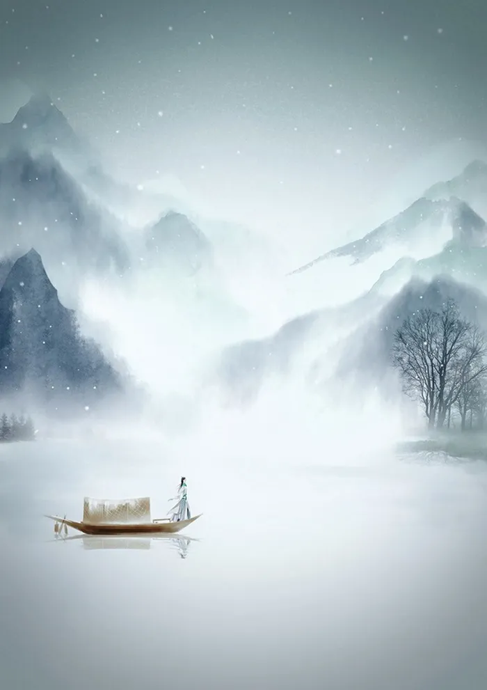 船上赏雪古人水墨画海报背景素材高清