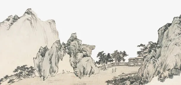毛笔勾线山间小亭风景画免抠