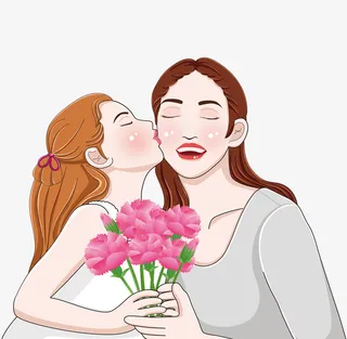 卡通手绘亲吻妈妈的女孩免抠