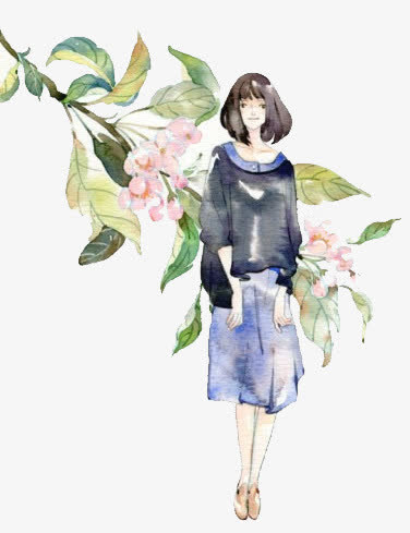 素描手绘素材 卡通小女孩树枝免抠