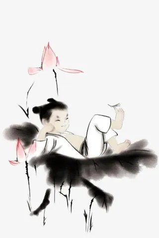 童趣水墨儿童莲花中国风免抠