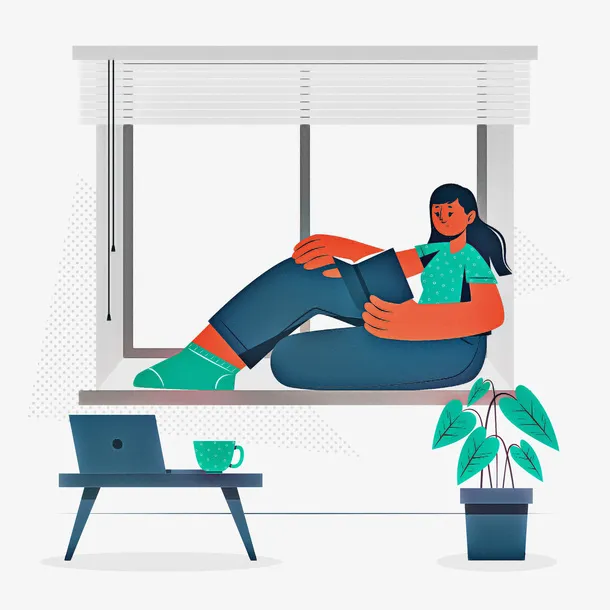 手绘 卡通 窗户 人物免抠