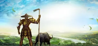 唯美蓝天绿地稻草人海报背景