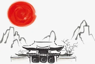手绘太阳建筑水墨画免抠