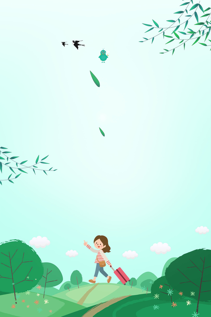 浅绿色手绘 春季上新踏青远山背景高清