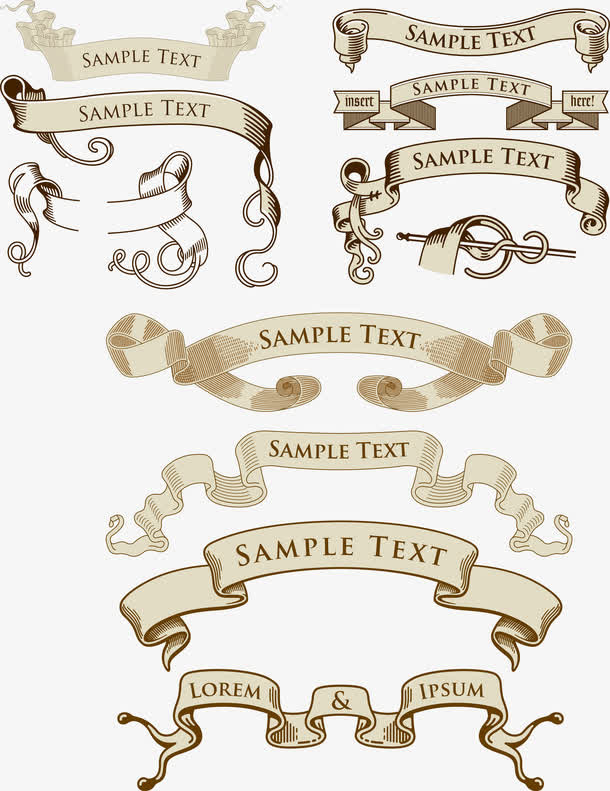 欧式旧丝带横标矢量免抠