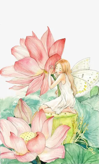 荷花与女孩免抠