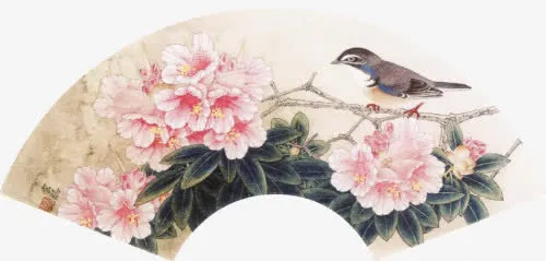 花鸟工笔画扇面免抠