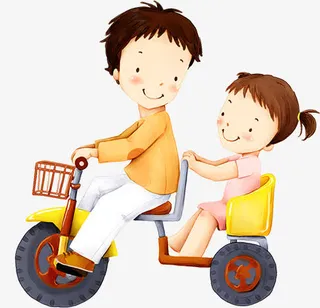 高清手绘素描父女骑车画面免抠