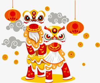 红色中国风祥云舞狮免抠