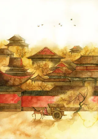 手绘中国风黄色房屋免抠