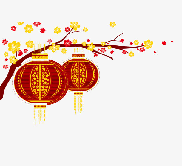 手绘扁平树上的红色吉祥灯笼免抠