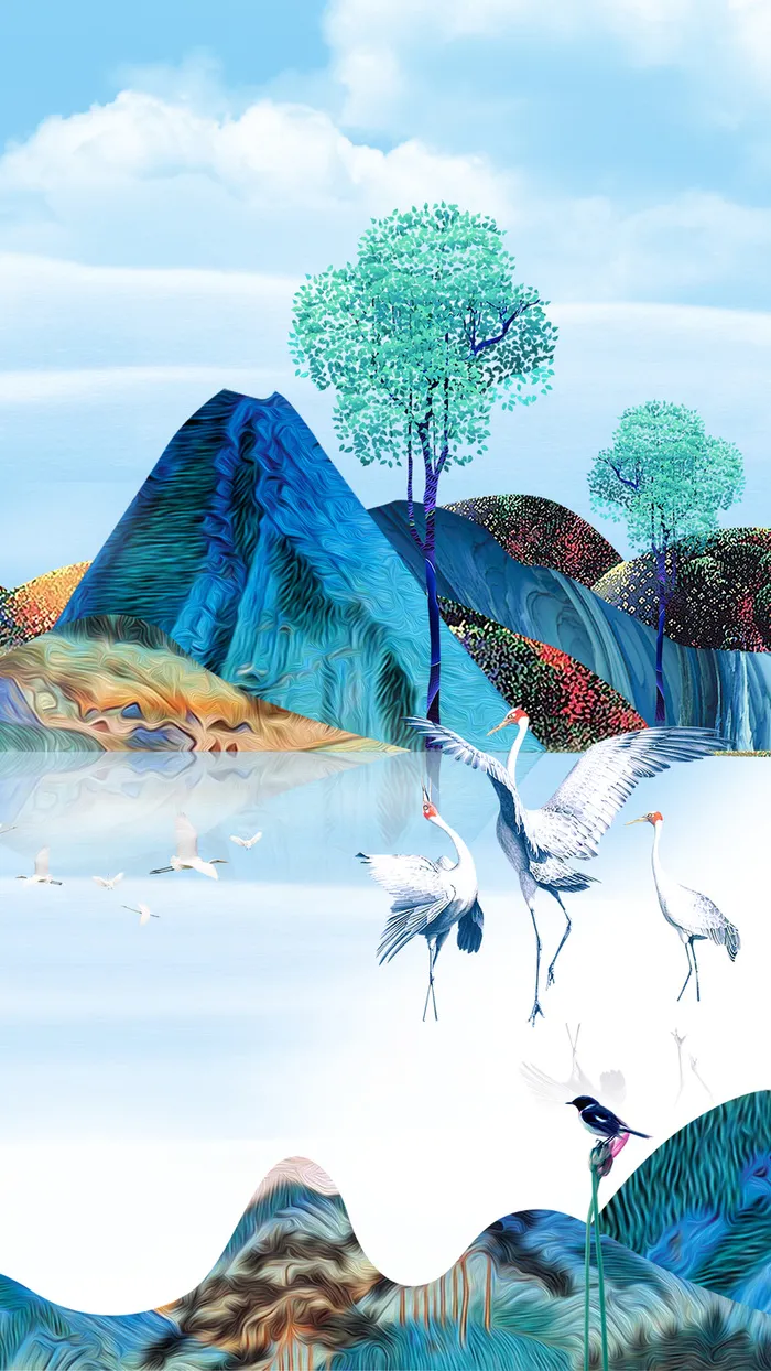唯美山水湖泊卡通背景高清