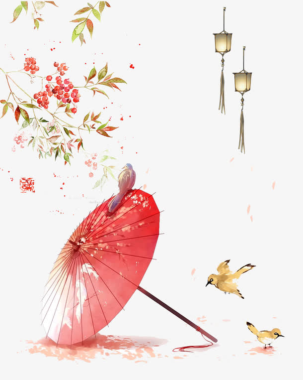 小鸟雨伞免抠