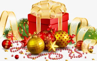 手绘红色礼盒圆球元素免抠