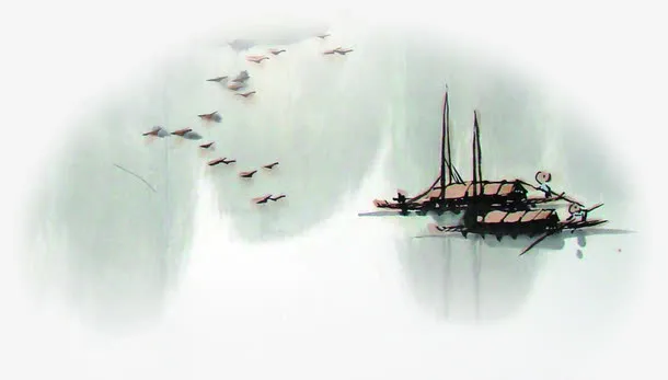 船只风景水墨画免抠