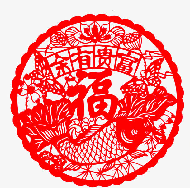 红色节日富贵窗花免抠
