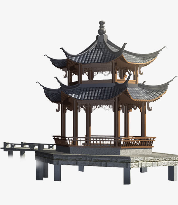 古风湖上凉亭建筑免抠