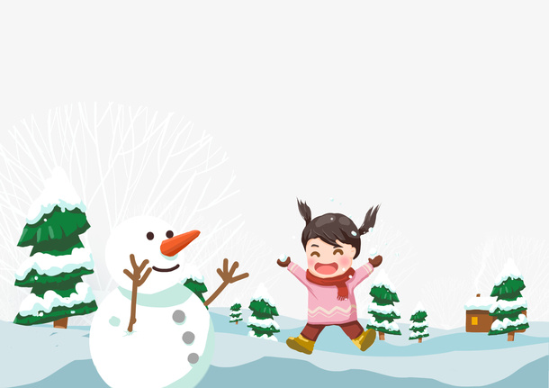 原创插画小女孩开心冬天堆雪人免抠