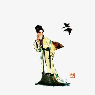 手绘水墨中国风宝钗扑蝶插画免抠免抠