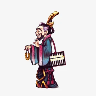 卡通背着算盘手拿铜钱串的古代掌免抠