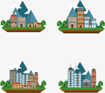 卡通扁平化城市建筑矢量素材,免抠