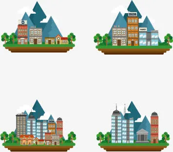 卡通扁平化城市建筑矢量素材,免抠