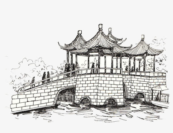 扬州五亭桥黑白素描画免抠