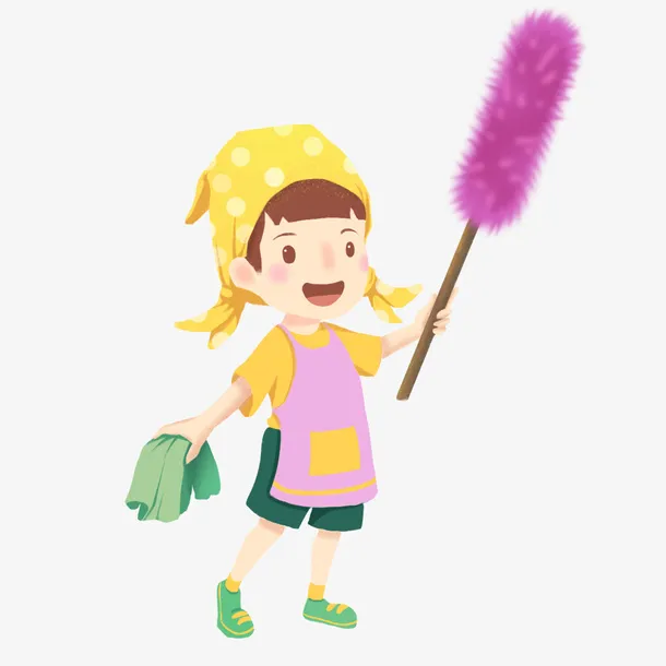 劳动节暖色扁平女孩打扫卫生免抠
