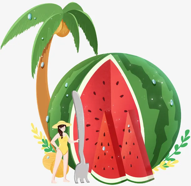 夏天节气女生创意吃西瓜免抠