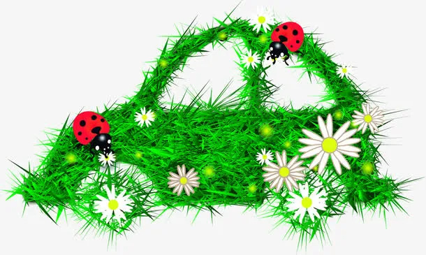 绿色草地花朵瓢虫汽车造型免抠