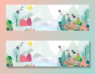 情侣春季出游手绘绿色背景高清