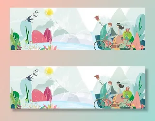 情侣春季出游手绘绿色背景高清