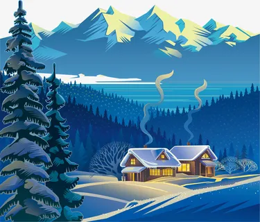 蓝色冬日树林小屋免抠