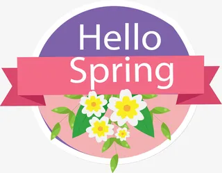 粉紫色你好春天标签免抠