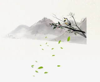 水墨山水漂浮树叶免抠