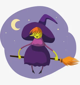 卡通手绘夜晚月亮女巫坐扫帚免抠