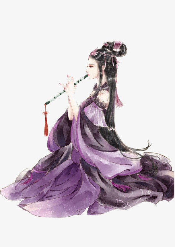 古风手绘紫衣美女免抠