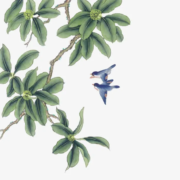 水彩古风绿叶树枝小鸟免抠