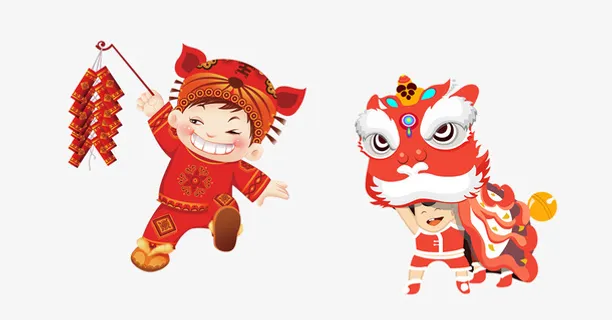 卡通放鞭炮舞狮小孩免抠