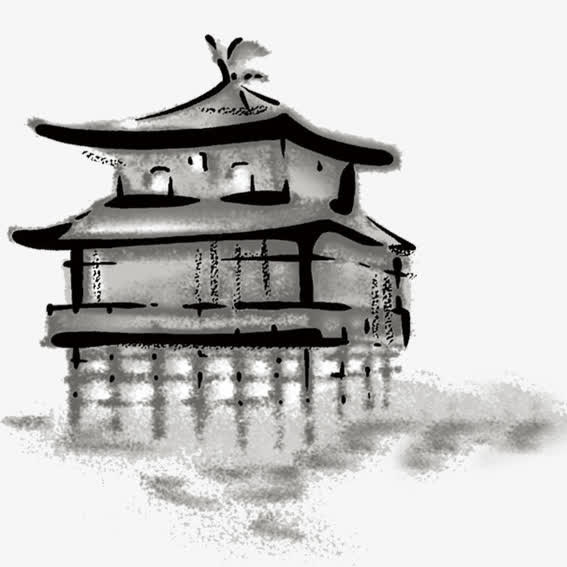 水墨画楼阁免抠